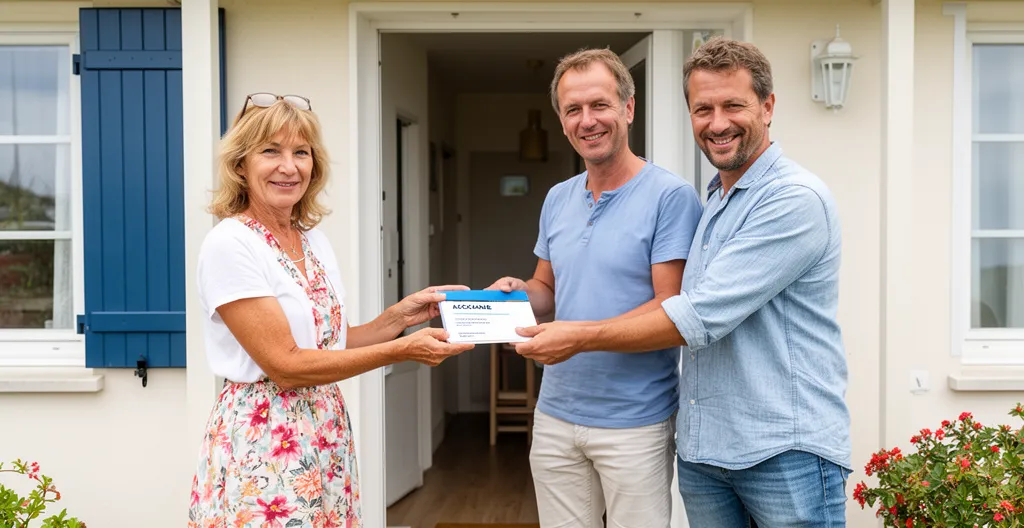 Gestionnaire de conciergerie remettant documentation à des vacanciers devant une location