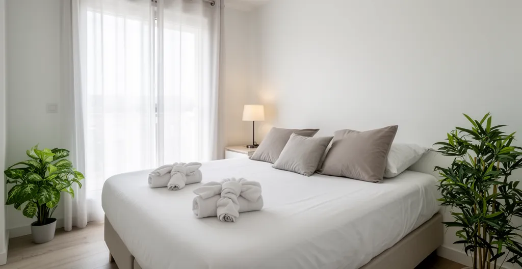 Chambre de location saisonnière impeccablement préparée après ménage professionnel